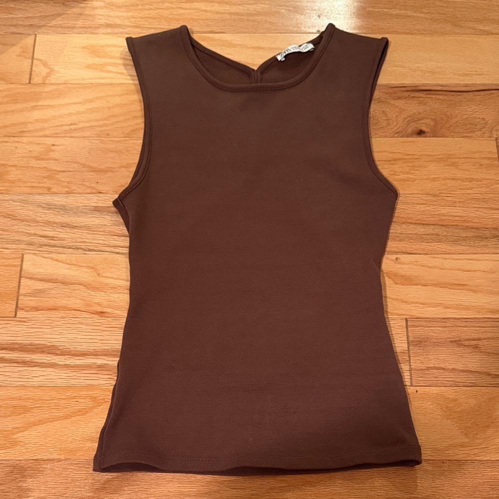 Zara Brown Sleeveless Ribbed Knit Cutout Back Cami Camisole Tank Top Size M